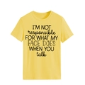 Detail of yellow cotton T-shirt featuring black 'I'm not responsible' humor slogan print - Yellow (Black Font)