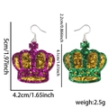 Mardi Gras glitter crown earrings in purple and green with specific size dimensions - Purple Green Crown
