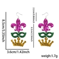 Mardi Gras glitter earrings with fleur-de-lis, mask and crown icons, 3.35 inch length - Purple Green Gold Eye Mask Crown Combo