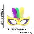 Yellow and purple Mardi Gras feather mask with glitter details and size measurements - Mardi Gras Mask C (Feather)