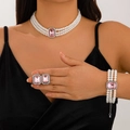 Three-layer faux pearl jewelry set with pink rectangular stones and matching rings - Pink Three-piece Set (9#)