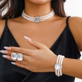 Three-layer faux pearl jewelry set with rectangular crystal and matching rings on a model - White Three-piece Set (9#)