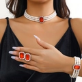 Three-layer pearl jewelry set featuring rectangle red gemstones and crystal accents - Red Three-piece Set (9#)