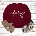 Flat lay of burgundy crewneck sweatshirt with white indoorsy print and autumn accessories - S / Wine Red (White Font)