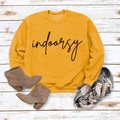 Flat lay of mustard yellow crewneck sweatshirt with indoorsy print and autumn boots - S / Yellow (Black Font)