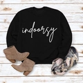 Flat lay of black crewneck sweatshirt with indoorsy print, boots and plaid scarf - S / Black (White Font)