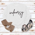 Flat lay of white crewneck sweatshirt with indoorsy print, boots and scarf - S / White (Black Font)