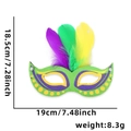 Mardi Gras feather mask in green glitter with purple and yellow accents and sizing info - Mardi Gras Mask F (Feather)