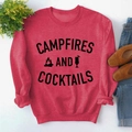 Detail of red crewneck sweatshirt with Campfires and Cocktails letter print and graphics - S / Red Sweatshirt (Black Font)