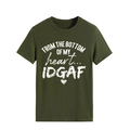 Detail view of the forest green cotton T-shirt featuring a white heart slogan print - S / Army Green (White Letters)