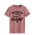 Close-up of crewneck t-shirt in dusty rose with black heart and slogan print design - M / Rose Gold (Black Letters)