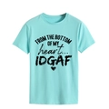 Detailed view of the mint green cotton t-shirt with black artistic letter print - M / Deep Water Blue (Black Letters)