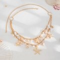 Detalle de cadena de cintura dorada con conchas marinas, estrellas de mar y perlas - Estilo de Elementos Oceánicos de Varias Capas (01685) / Dorado