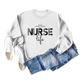 Detailed flat lay of grey sweatshirt with leopard print NURSE Life design and denim - S / White (Black Font)