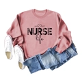 Flat lay of pink sweatshirt with NURSE Life leopard print text and blue jeans - S / Rose Gold (Black Font)