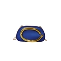 Navy blue evening clutch bag with large gold C-shaped metal handle and chain strap - Blue