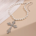 Elegant multi-layer pearl necklace with a large crystal cross pendant in silver finish - Silver