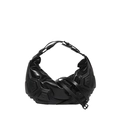 Futuristic black hobo bag with pleated texture and metallic hardware on white background - Black