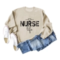 Beige sweatshirt with leopard print NURSE life text, paired with denim jeans - S / Sand (Black Font)