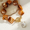 Bohemian orange shell beaded necklace with golden OT clasp and baroque pearl pendant - Gold + Orange Bracelet Style (02487)