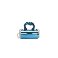 Metallic blue cylindrical handbag with golden chain strap and wide curved top handle - Blue