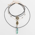 Five-piece multi-layered bohemian necklace set with blue-green crystal pendant and gold beads - 5-Layer Starburst Blue Green Crystal Set (05910)