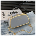 Grey trapezoidal box bag featuring gold metal trim, chain strap, and fashion lettering - Gray
