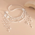 Elegant multi-layer pearl body chain with silver tassels and white flower pendants - White Flower Style (01738)