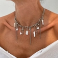 Silver metal chain necklace with baroque pearls and moon tassel pendants for women - Silver Pearl Tassel Necklace (7158)