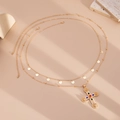 Three-layer gold necklace with beaded chain, metal sequins, and jeweled cross pendant - Retro Cross With Colorful Rhinestones (06063) / Gold