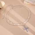 Silver boho waist chain with tiered layers and multi-colored gemstone cross pendant - Retro Cross With Colorful Rhinestones (06063) / Silver