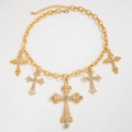 Chunky Goldkette mit fünf Strass-besetzten Kreuzanhängern im modischen Punk-Stil - Gold