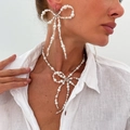 Elegant pearl beaded bow necklace and earring jewelry set for women on white background - Bow Pearl (Necklace And Earrings) / Pearl White