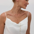 Minimalist gold beaded Y-shaped long necklace and linear earring jewelry set for women - Necklace and Earrings Set / Gold (6167)