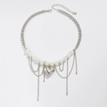Silver chain necklace with faux pearls, large heart pendant and hanging tassels - Heart Pendant Tassel Style (07159) / Silver