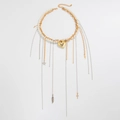 Chic multi-layer necklace with faux pearls, golden chains, and heart tassels - Multi-Element Heart Tassel Style (07170) / Two-Tone Gold & Silver