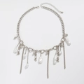 Silver chain necklace featuring baroque pearls, metal beads and fringe heart pendant - Baroque Pearl Tassel Style (07158) / Silver