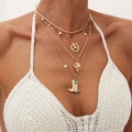 Layered gold necklace set with cactus and cowboy boot pendants on a female model - 4-Layer Western Cowboy Theme (6166) / Gold