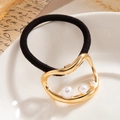 Hair tie with irregular gold metal feline shape and three faux pearls on elastic black cord - Pearl Abstract Geometric / Gold-0065