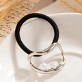 Silver irregular metal hair tie with white pearls on a thick black elastic band - Pearl Abstract Geometric / Silver-0065