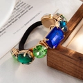 Elastic hair tie featuring luxury rectangle blue and green crystals on gold metal base - Blue Green Artificial Gem / Multicolor S1-0071