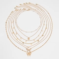 Gold multi-layer necklace set with pearls, hearts, and butterfly pendants for women - Rhinestone Butterfly/Pearl Style (06000) / Gold
