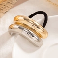 Élastique à cheveux style français avec accent en métal doré sur ruban noir pour queue - Style Anneau Minimaliste Or et Argent (0105)