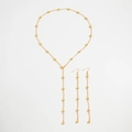 Golden long Y-shaped chain necklace and drop earring set with solid round beads - Gold
