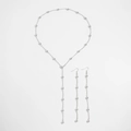 Minimalist silver chain necklace and matching ball earrings set in a shiny finish - Silver