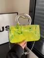 Fashion acrylic box clutch with yellow and green marble texture and silver handle - Green