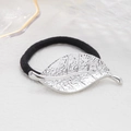Black elastic ponytail holder with a textured silver leaf metal charm and hammer finish - Silver Leaf (0060)