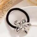 Black elastic ponytail hair tie with a large polished silver five-petal flower pendant - Silver Five-Petal Flower (0061)