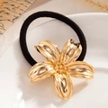 Elegant gold flower hair tie with black high-elastic band and polished metallic finish - Gold Polished Flower (0079)