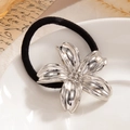Ponytail holder with silver metallic 3D flower charm and black elastic band - Silver Polished Flower (0079)